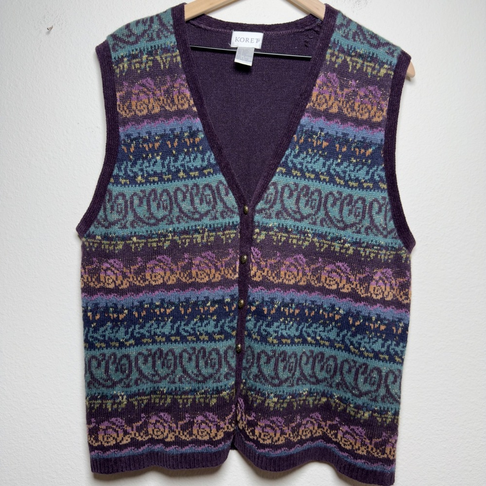 VTG 90s Womens Ramie Cotton Wool Indie Grunge Sweater Vest L Purple Fair Isle